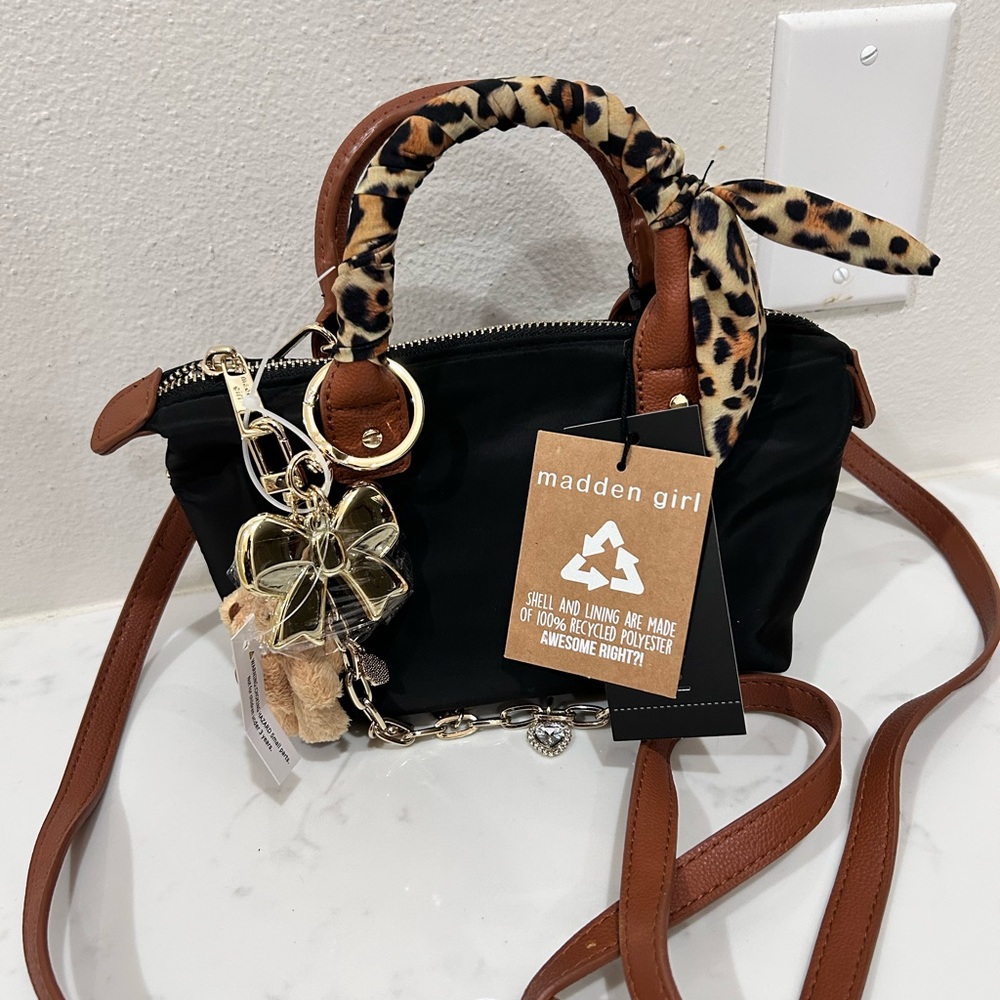 Madden Girl Black Mini Bag with Brown and Leopard Accents